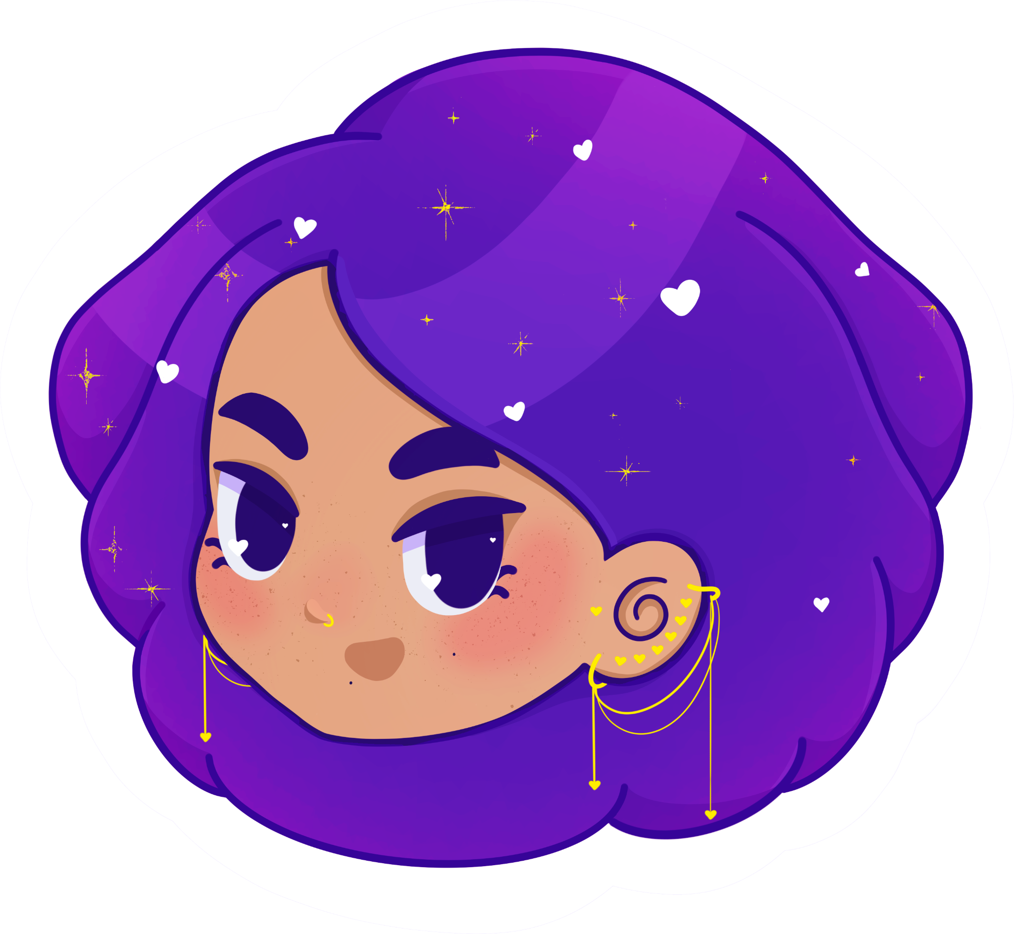 Retrato ilustrado colorido de Thamires Lopes com cabelo roxo